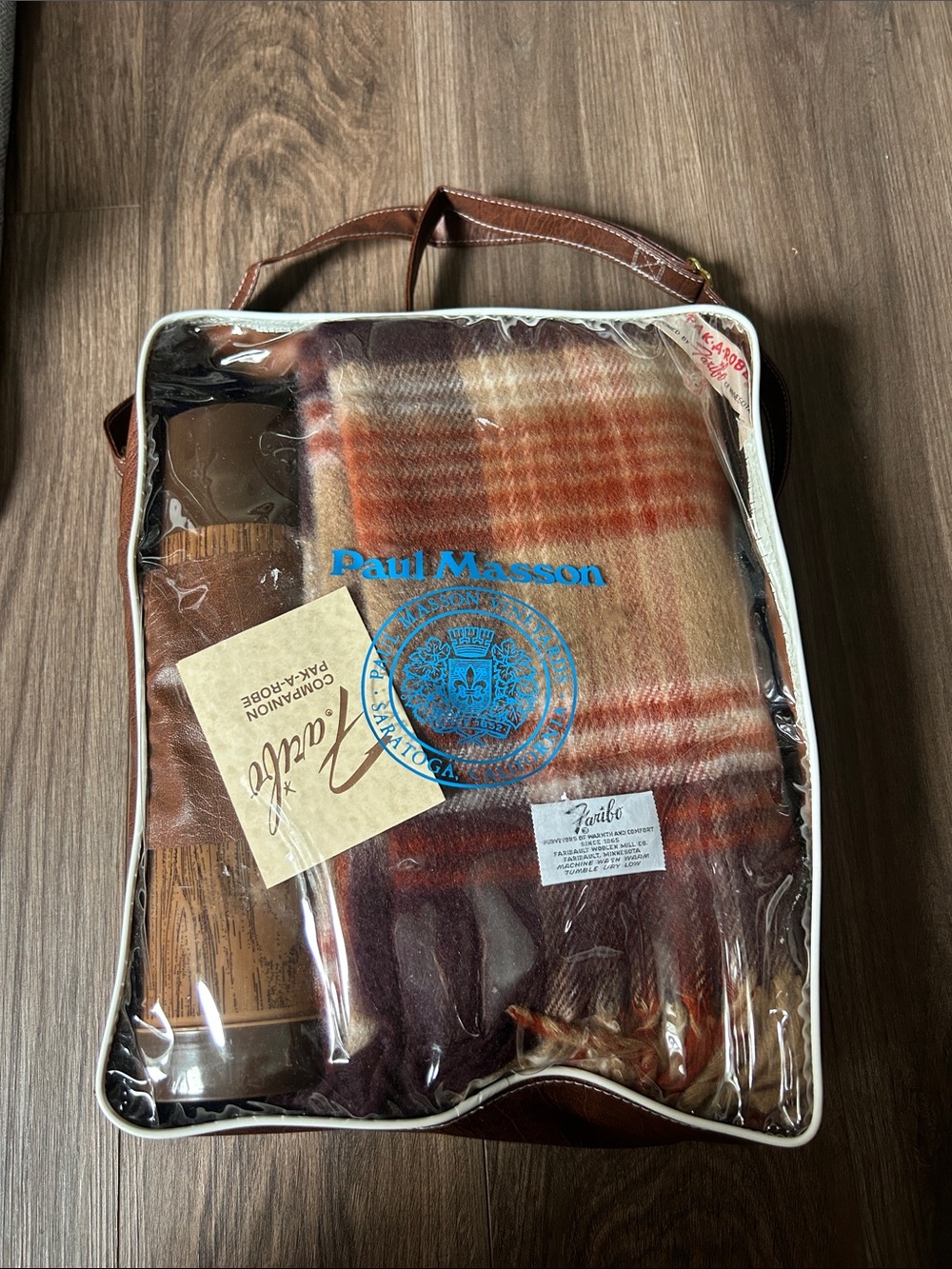 Vintage Paul Masson Faribo Plaid Blanket Thermos Picnic Travel Set